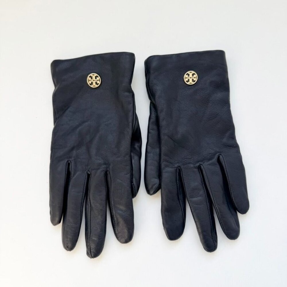 Tory Burch Black Leather Gloves with Gold Logo Hardware – One Size